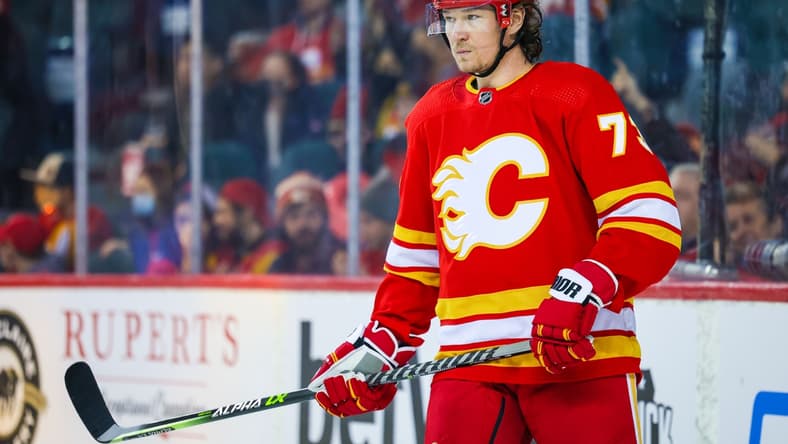 Feb 19, 2022; Calgary, Alberta, CAN; Calgary Flames right wing Tyler Toffoli (73) during the second period against the Seattle Kraken at Scotiabank Saddledome. Mandatory Credit: Sergei Belski-USA TODAY Sports