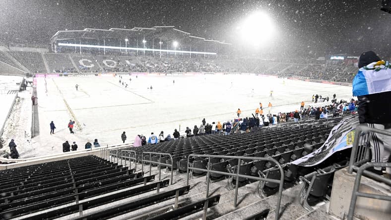 Feb 23, 2022; Commerce City, CO, USA; General wide view of Dick's Sporting Goods Park as snow falls during second half of the match between the Comunicacionese FC against the Colorado Rapids. Mandatory Credit: Ron Chenoy-USA TODAY Sports