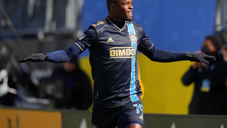 Feb 26, 2022; Philadelphia, Pennsylvania, USA; Philadelphia Union forward Cory Burke (19) celebrates after scoring a goal against the Minnesota United in the first half at Talen Energy Stadium. Mandatory Credit: Mitchell Leff-USA TODAY Sports