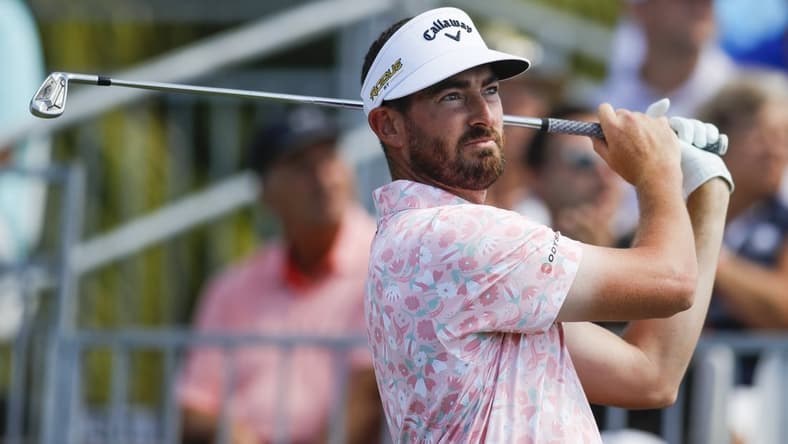 Feb 26, 2022; Palm Beach Gardens, Florida, USA; Chase Seiffert plays his shot from the first tee during the third round of The Honda Classic golf tournament. Mandatory Credit: Sam Navarro-USA TODAY Sports