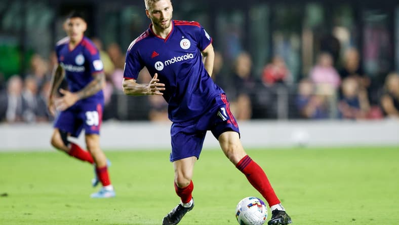 Feb 26, 2022; Fort Lauderdale, Florida, USA; Chicago Fire forward Kacper Przybylko (11) controls the ball in the second half against Inter Miami at Inter Miami CF Stadium. Mandatory Credit: Nathan Ray Seebeck-USA TODAY Sports