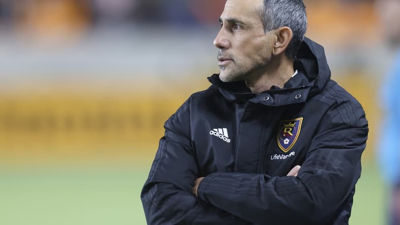 Feb 27, 2022; Houston, Texas, USA; Real Salt Lake head coach Pablo Mastroeni watches play against the Houston Dynamo FC in the first half at PNC Stadium. Mandatory Credit: Thomas Shea-USA TODAY Sports