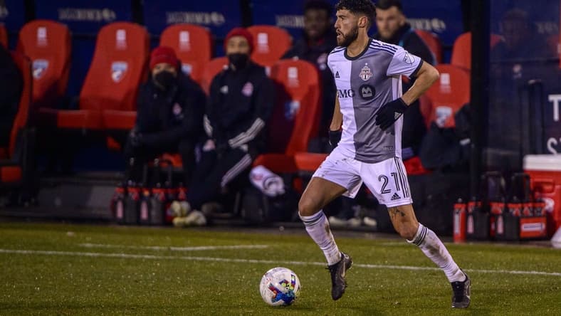 Feb 26, 2022; Frisco, Texas, USA; Toronto FC midfielder Jonathan Osorio (21) in acton during the match between FC Dallas and Toronto FC at Toyota Stadium. Mandatory Credit: Jerome Miron-USA TODAY Sports