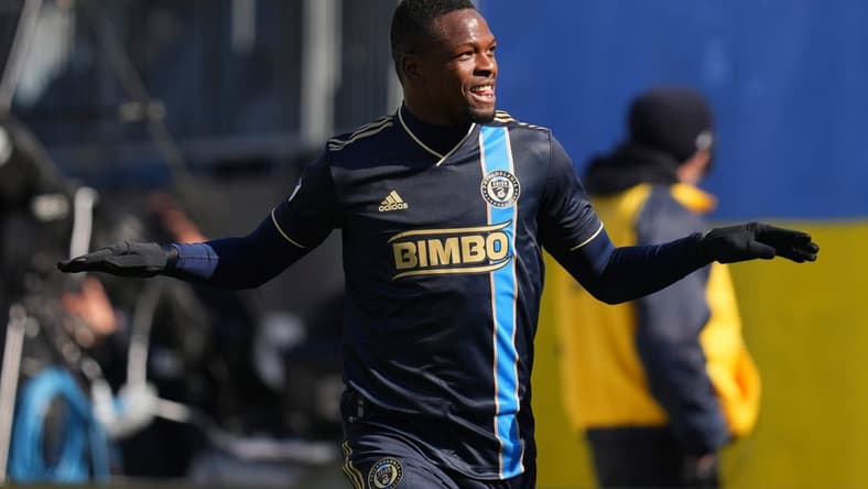 Feb 26, 2022; Chester, Pennsylvania, USA; Philadelphia Union forward Cory Burke (19) reacts after scoring a goal against the Minnesota United at Subaru Park. Mandatory Credit: Mitchell Leff-USA TODAY Sports