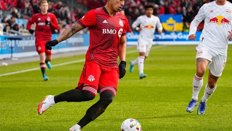 Mar 5, 2022; Toronto, Ontario, CAN; Toronto FC defender Carlos Salcedo (3) dribbles the ball against New York Red Bulls at BMO Field. Mandatory Credit: John E. Sokolowski-USA TODAY Sports