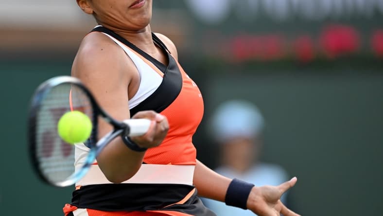 Mar 10, 2022; Indian Wells, CA, USA; Naomi Osaka (JPN) hits a shot in her first round match against Sloane Stephens (not pictured) on day 4 at the BNP Paribas Open at the Indian Wells Tennis Garden. Mandatory Credit: Jayne Kamin-Oncea-USA TODAY Sports