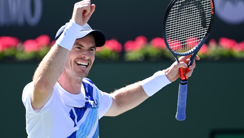 Mar 11, 2022; Indian Wells, CA, USA; Andy Murray (GBR) celebrates after defeating Taro Daniel (JPN) for his 700th career match win at the BNP Paribas Open at the Indian Wells Tennis Garden. Mandatory Credit: Jayne Kamin-Oncea-USA TODAY Sports