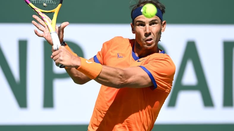 Mar 12, 2022; Indian Wells, CA, USA;  Rafael Nadal (ESP) hits a shot in his 2nd round match defeating Sebastian Korda (USA) at the BNP Paribas open at the Indian Wells Tennis Garden. Mandatory Credit: Jayne Kamin-Oncea-USA TODAY Sports