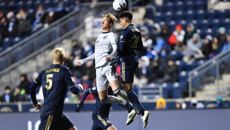 Mar 12, 2022; Philadelphia, Pennsylvania, USA; San Jose Earthquakes forward Benji Kikanovi   (28) and Philadelphia Union defender Nathan Harriel (26) go up for a header in the first half at Talen Energy Stadium. Mandatory Credit: Kyle Ross-USA TODAY Sports