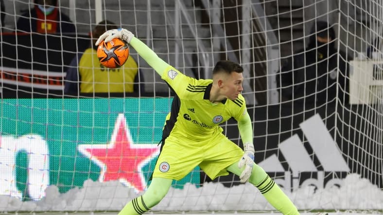 Mar 12, 2022; Washington, District of Columbia, USA; Chicago Fire goalkeeper Gabriel Slonina (1) tosses the ball to a teammate against D.C. United during the second half at Audi Field. Mandatory Credit: Geoff Burke-USA TODAY Sports