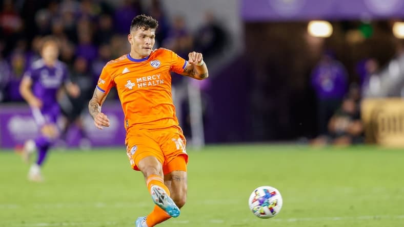 Mar 12, 2022; Orlando, Florida, USA;  FC Cincinnati forward Brandon Vazquez (19) shoots the ball in the second half during a match against Orlando City at Orlando City Stadium. Mandatory Credit: Nathan Ray Seebeck-USA TODAY Sports