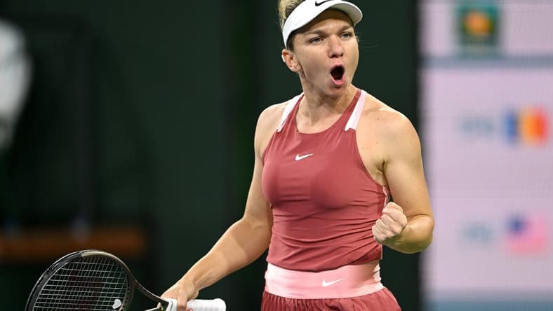 Mar 13, 2022; Indian Wells, CA, USA; Simona Halep (ROU) celebrates after defeating Coco Gauff (USA) in her third round match at the BNP Paribas Open at the Indian Wells Tennis Garden. Mandatory Credit: Jayne Kamin-Oncea-USA TODAY Sports