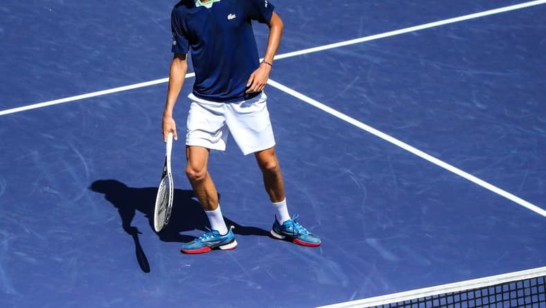 Daniil Medvedev of Russia reacts to an advantage gained by Gael Monfils of France leading to the match point during round three of the BNP Paribas Open at the Indian Wells Tennis Garden in Indian Wells, Calif., Monday, March 14, 2022.