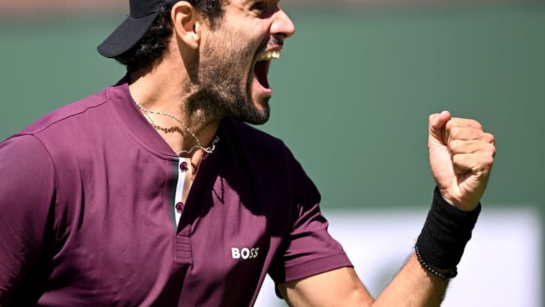 Mar 15, 2022; Indian Wells, CA, USA; Matteo Berrettini (ITA) celebrates as he defeated Lloyd Harris (RSA) in his third round match at the BNP Paribas Open at the Indian Wells Tennis Garden. Mandatory Credit: Jayne Kamin-Oncea-USA TODAY Sports