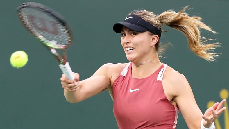 Paula Badosa of Spain hits a return to Leylah Fernandez of Canada during the BNP Paribas Open in Indian Wells, Calif., on Tuesday, March 15, 2022.
Bnp Paribas Open Badosa Vs Fernandez470