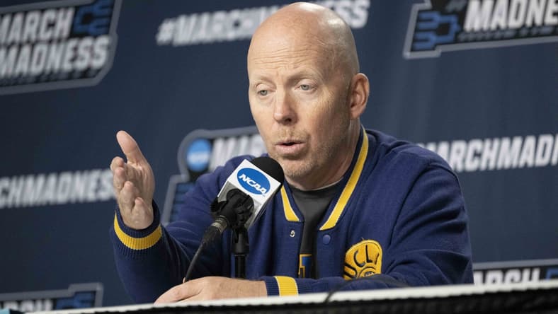 Mar 16, 2022; Portland, OR, USA; UCLA Bruins head coach Mick Cronin answers questions during a media conference at Moda Center. Mandatory Credit: Troy Wayrynen-USA TODAY Sports