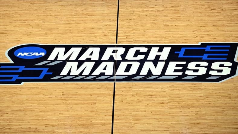 Mar 17, 2022; San Diego, CA, USA; A general view of the March Madness logo at midcourt during practices before the first round of the 2022 NCAA Tournament at Viejas Arena. Mandatory Credit: Orlando Ramirez-USA TODAY Sports