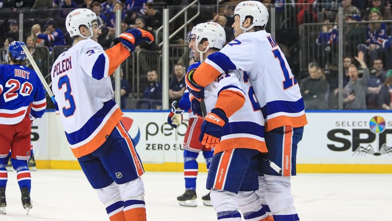Mar 17, 2022; New York, New York, USA; New York Islanders right wing Kyle Palmieri (21) celebrates his go ahead goal against the New York Rangers during the third period at Madison Square Garden. Mandatory Credit: Danny Wild-USA TODAY Sports