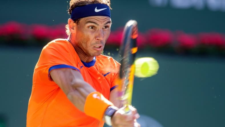 Rafael Nadal of Spain hits a return to Nick Kyrigios of Australia during their quarterfinal match at the BNP Paribas Open in Indian Wells, Calif., on Thursday, March 17, 2022.
Bnp Paribas Open Rafael Nadal Vs Nick Kyrigios540