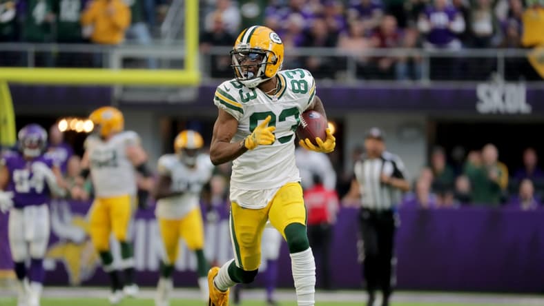 Green Bay Packers wide receiver Marquez Valdes-Scantling (83) scores a touchdown on a 75-yard touchdown during the fourth quarter of their game Sunday, November 21, 2021 at U.S. Bank Stadium in Minneapolis, Minn. The Minnesota Vikings beat the Green Bay Packers 34-31.
Packers22 34