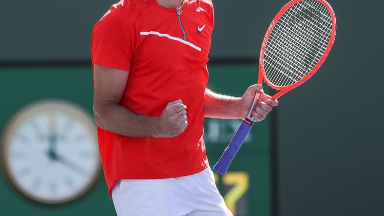 Taylor Fritz celebrates his quarterfinal win over Miomir Kecmanovic during the BNP Paribas Open in Indian Wells, Calif., March 18, 2022.
Bnp Quarterfinals Friday 27