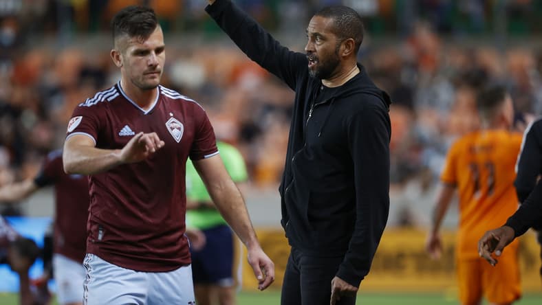 Mar 19, 2022; Houston, Texas, USA; Colorado Rapids head coach Robin Fraser reacts during the second half against the Houston Dynamo FC at PNC Stadium. Mandatory Credit: Troy Taormina-USA TODAY Sports