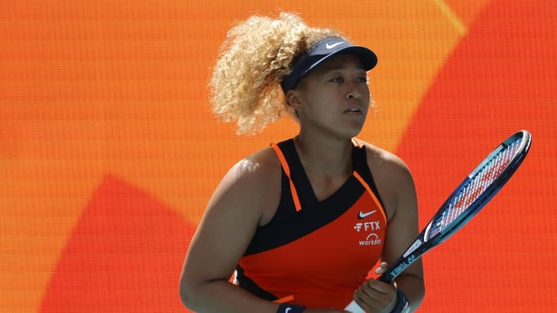 Mar 23, 2022; Miami Gardens, FL, USA; Naomi Osaka (JPN) warms up prior to her match against Astra Sharma (AUS) (not pictured) in a first round women's singles match in the Miami Open at Hard Rock Stadium. Mandatory Credit: Geoff Burke-USA TODAY Sports