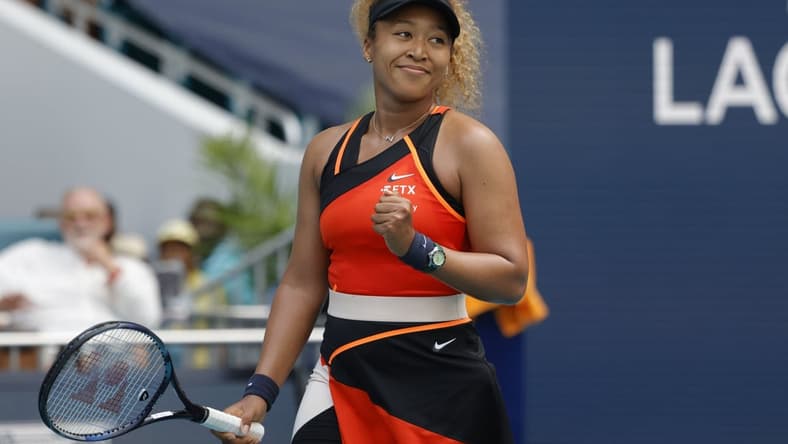 Mar 24, 2022; Miami Gardens, FL, USA; Naomi Osaka (JPN) reacts after match point against Angelique Kerber (GER) (not pictured) in a second round women's singles match in the Miami Open at Hard Rock Stadium. Mandatory Credit: Geoff Burke-USA TODAY Sports