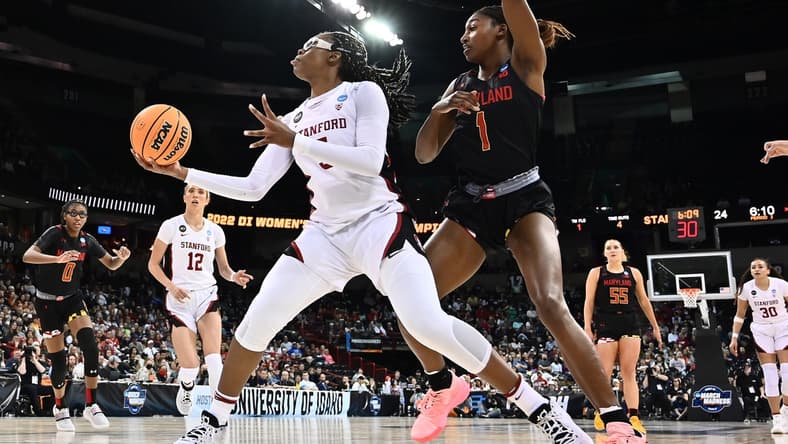 Mar 25, 2022; Spokane, WA, USA; Stanford Cardinal forward Francesca Belibi (5) shoots the ball against Maryland Terrapins guard Diamond Miller (1) in the Spokane regional semifinals of the women's college basketball NCAA Tournament at Spokane Veterans Memorial Arena. Mandatory Credit: James Snook-USA TODAY Sports