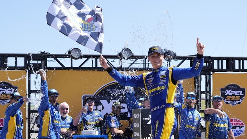 Mar 26, 2022; Austin, Texas, USA;  NASCAR Truck Series driver Zane Smith (38) reacts after winning the XPEL 225 at Circuit of the Americas. Mandatory Credit: Mike Dinovo-USA TODAY Sports