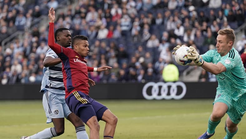 Mar 26, 2022; Kansas City, Kansas, USA; Sporting Kansas City goalkeeper Tim Melia (29) stops a shot on goal against Real Salt Lake during the first half at Children's Mercy Park. Mandatory Credit: Denny Medley-USA TODAY Sports