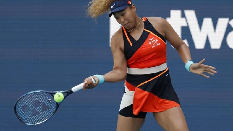 Mar 28, 2022; Miami Gardens, FL, USA; Naomi Osaka (JPN) hits a forehand against Alison Riske (USA)(not pictured) in a fourth round women's singles match in the Miami Open at Hard Rock Stadium. Mandatory Credit: Geoff Burke-USA TODAY Sports
