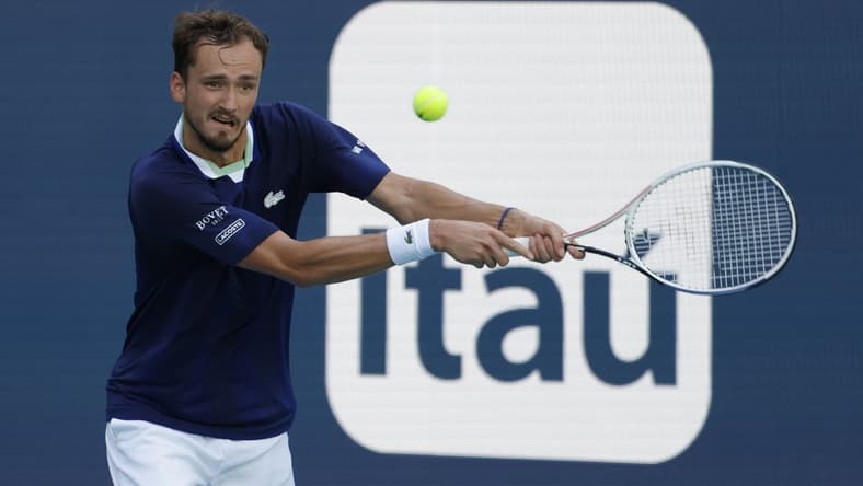 Mar 29, 2022; Miami Gardens, FL, USA; Daniil Medvedev hits a backhand against Jenson Brooksby (USA)(not pictured) in a fourth round men's singles match in the Miami Open at Hard Rock Stadium. Mandatory Credit: Geoff Burke-USA TODAY Sports