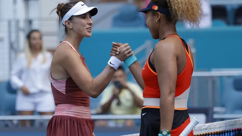 Mar 31, 2022; Miami Gardens, FL, USA; Naomi Osaka (JPN)(R) shakes hands with Belinda Bencic (SUI)(L) after their women's singles semifinal in the Miami Open at Hard Rock Stadium. Mandatory Credit: Geoff Burke-USA TODAY Sports