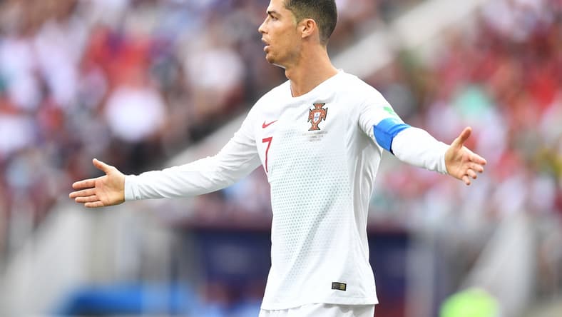 Jun 20, 2018; Moscow, Russia; Portugal forward Cristiano Ronaldo (7) reacts in Group D play during the FIFA World Cup 2018 at Spartak Stadium. Mandatory Credit: Tim Groothuis/Witters Sport via USA TODAY Sports