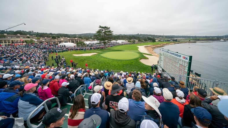 Jun 16, 2019; Pebble Beach, CA, USA; General view of the 18th hole during the final round of the 2019 U.S. Open golf tournament at Pebble Beach Golf Links. Mandatory Credit: Kyle Terada-USA TODAY Sports