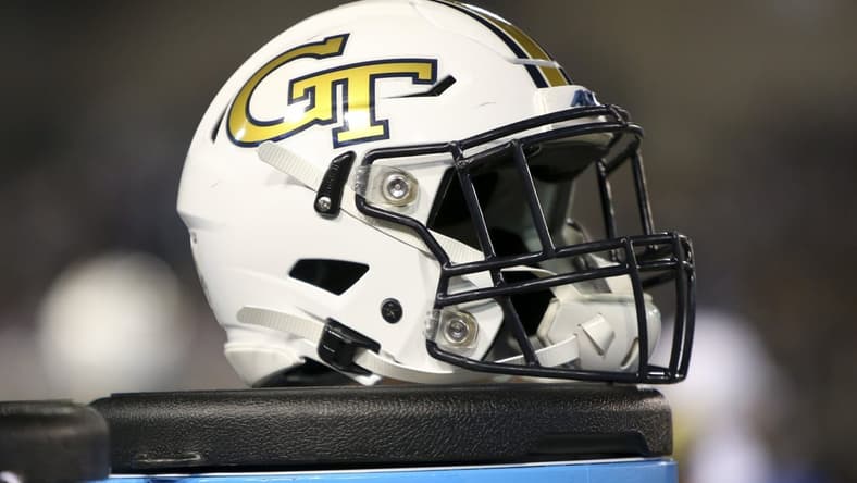 Nov 21, 2019; Atlanta, GA, USA; Georgia Tech Yellow Jackets helmet is seen on the sideline in the first half against the North Carolina State Wolfpack at Bobby Dodd Stadium. Mandatory Credit: Brett Davis-USA TODAY Sports