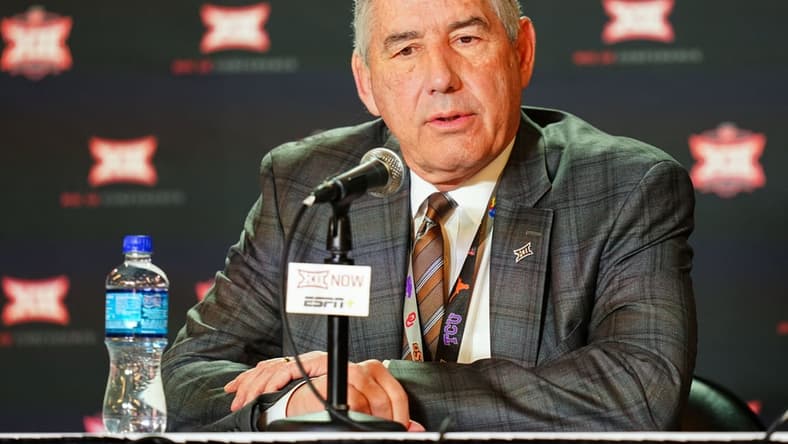 Mar 12, 2020; Kansas City, Missouri, USA; Big 12 commissioner Bob Bowlsby announces to media that Big 12 Tournament games are canceled at Sprint Center. Mandatory Credit: Jay Biggerstaff-USA TODAY Sports