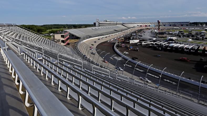 Aug 22, 2020; Dover, Delaware, USA; A view of the empty grandstands during a cation during the NASCAR Cup Series at Dover International Speedway. Mandatory Credit: Peter Casey-USA TODAY Sports