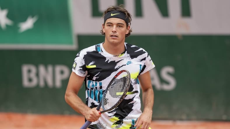 Sep 27, 2020; Paris, France; Taylor Fritz (USA) in action during his match against Tomas Machac (CZE) on day one of the 2020 French Open at Stade Roland Garros. Mandatory Credit: Susan Mullane-USA TODAY Sports