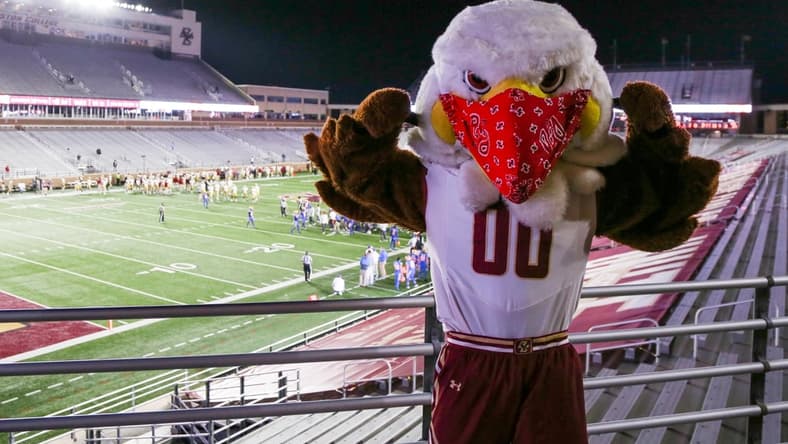 Oct 10, 2020; Chestnut Hill, Massachusetts, USA; The Boston College Eagles mascot during the second half against the Pittsburgh Panthers at Alumni Stadium. Mandatory Credit: Paul Rutherford-USA TODAY Sports