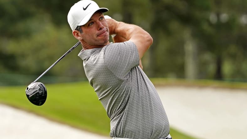 Apr 10, 2021; Augusta, Georgia, USA; Paul Casey plays his shot from the third tee during the third round of The Masters golf tournament. Mandatory Credit: Michael Madrid-USA TODAY Sports