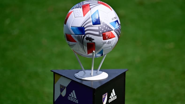 Apr 17, 2021; Orlando, Florida, USA; General view of the MLS soccer ball prior to the game between the Orlando City SC and the Atlanta United FC at Orlando City Stadium. Mandatory Credit: Douglas DeFelice-USA TODAY Sports