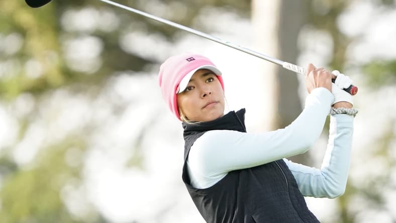 June 11, 2021; Daly City, California, USA; Alison Lee hits a tee shot on the 11th hole during the second round of the LPGA MEDIHEAL Championship golf tournament at Lake Merced Golf Club. Mandatory Credit: Kyle Terada-USA TODAY Sports
