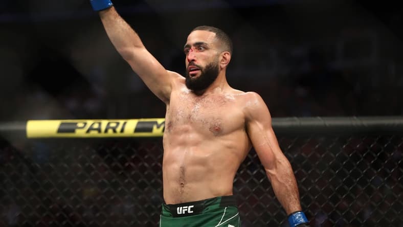 Jun 12, 2021; Glendale, Arizona, USA; Belal Muhammad reacts following his match against Demian Maia during UFC 263 at Gila River Arena. Mandatory Credit: Mark J. Rebilas-USA TODAY Sports