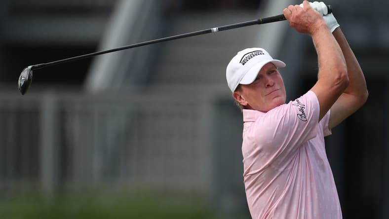 Steve Stricker hits off the 17th tee during the  final round of the Bridgestone Senior Players Championship at Firestone Country Club on Friday June 27, 2021 in Akron.

Bridge 6 28 Mc 4