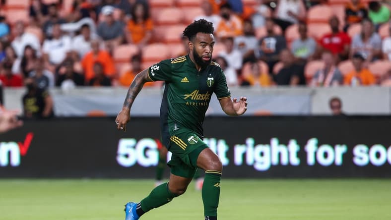 Jun 23, 2021; Houston, Texas, USA; Portland Timbers midfielder Eryk Williamson (19) during the match against the Houston Dynamo FC at BBVA Stadium. Mandatory Credit: Troy Taormina-USA TODAY Sports