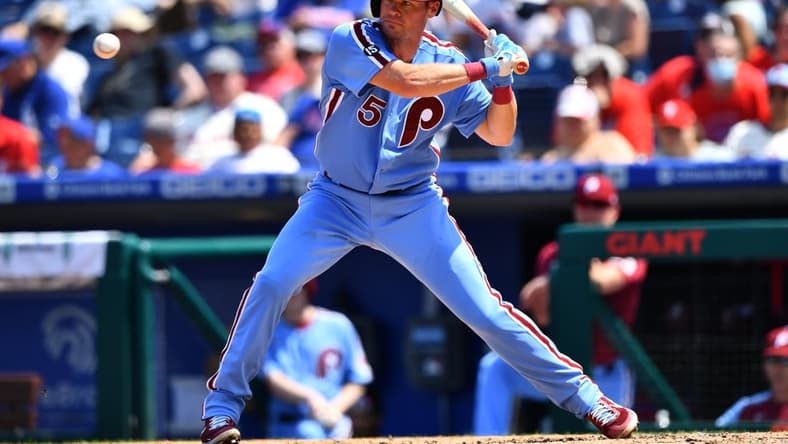 Aug 12, 2021; Philadelphia, Pennsylvania, USA; Philadelphia Phillies catcher Andrew Knapp (5) bats in the third inning against the Los Angeles Dodgers at Citizens Bank Park. Mandatory Credit: Kyle Ross-USA TODAY Sports