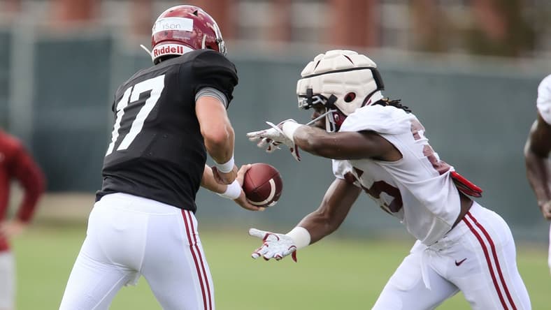 Quarterback Paul Tyson (17) hands off to running back Camar Wheaton (25) during practice for the Crimson Tide Thursday, Aug. 12, 2021.[Staff Photo/Gary Cosby Jr.]

Alabama Practice August 12
