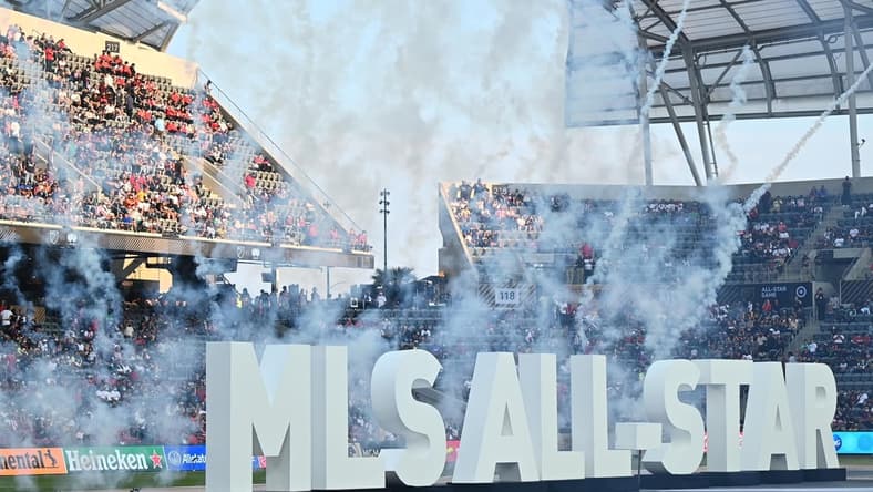 Aug 25, 2021; Los Angeles, CA, USA;   General view of fireworks behind the MLS All-Star display on the pitch before the 2021 MLS All-Star Game at Banc of California Stadium.  Mandatory Credit: Jayne Kamin-Oncea-USA TODAY Sports